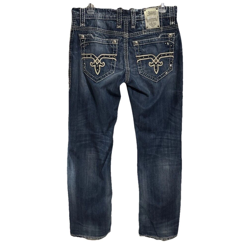 Rock Revival Jeans Alex Straight Thick Stitch Mens Size 36x33 Blue Distress